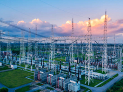 Aerial view of a high voltage substation.Industrial power tower background.